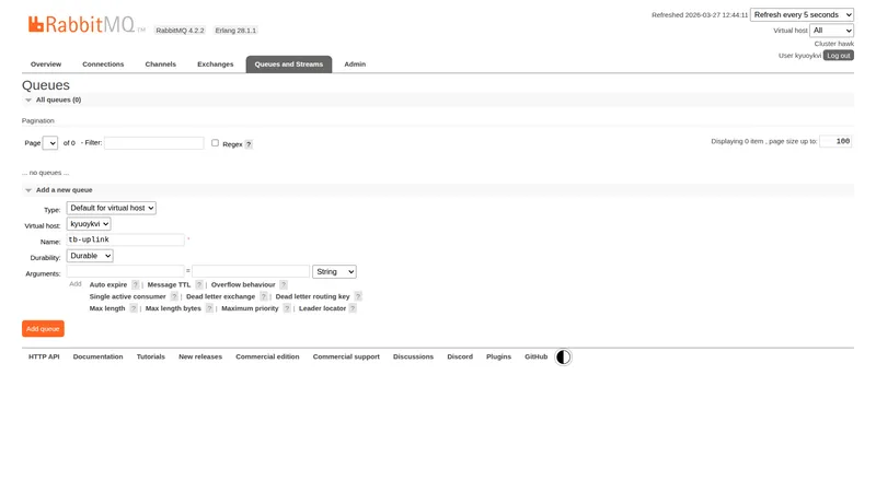 RabbitMQ Management UI — Queues and Streams page with Add a new queue form open, Name set to tb-uplink and Durability to Durable