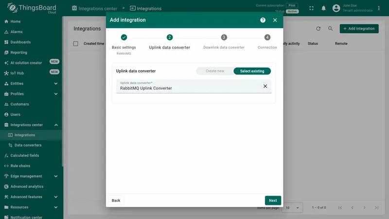 Add integration wizard — Uplink data converter step: Select existing selected, RabbitMQ Uplink Converter chosen from the list