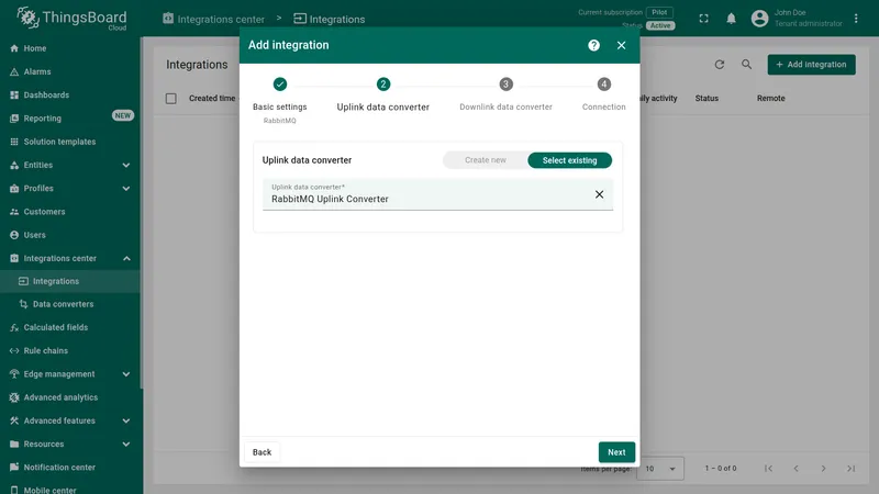 Add integration wizard — Uplink data converter step: Select existing tab active, RabbitMQ Uplink Converter selected from the list