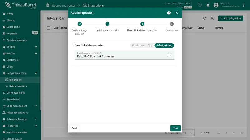 Add integration wizard — Downlink data converter step: Select existing tab active, RabbitMQ Downlink Converter selected; Skip button also visible