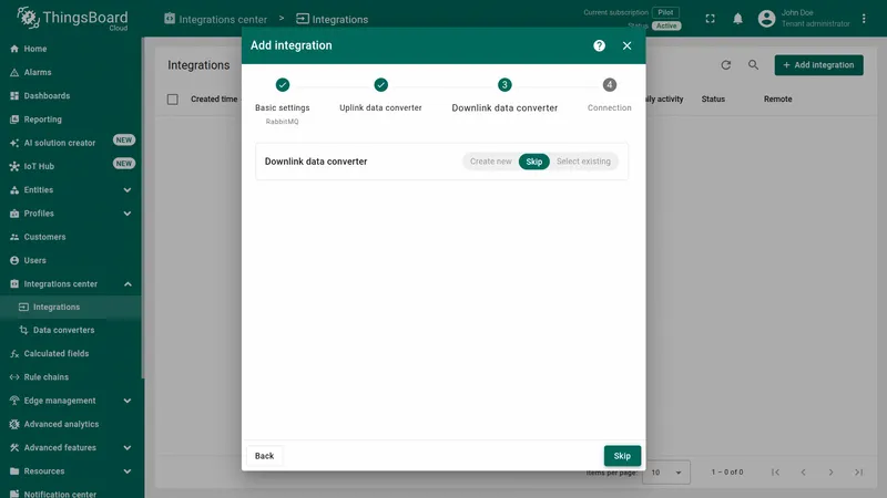 Add integration wizard — Downlink data converter step with Skip selected