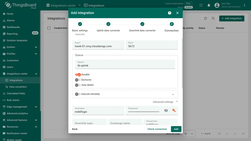 Add integration wizard — Connection step: Host hawk-01.rmq.cloudamqp.com, Port 5672, Queue tb-uplink with Durable on, Exclusive and Auto delete off; Advanced settings showing Username and Password fields