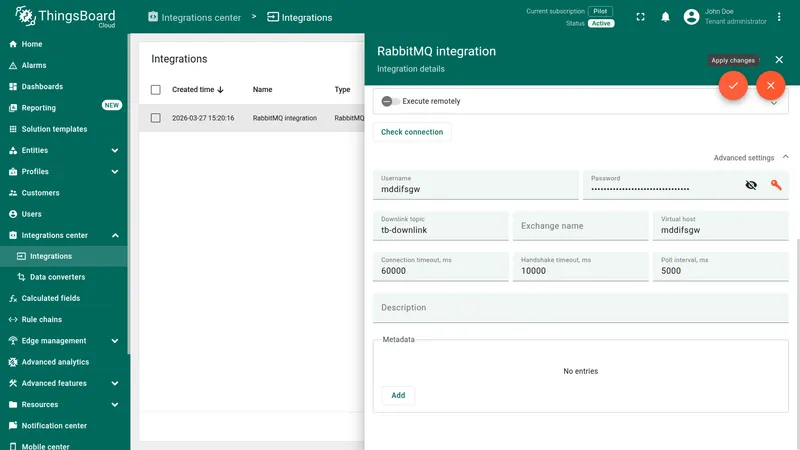 RabbitMQ integration Advanced settings in edit mode — Downlink topic: tb-downlink, Exchange name: empty, Virtual host: mddfsgw