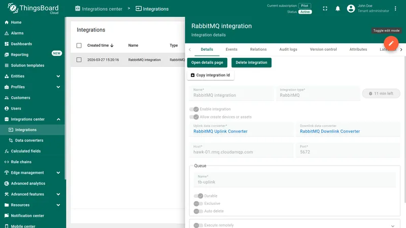 RabbitMQ integration Details tab — Uplink data converter: RabbitMQ Uplink Converter, Downlink data converter: RabbitMQ Downlink Converter, Host: hawk-01.rmq.cloudamqp.com, Queue: tb-uplink
