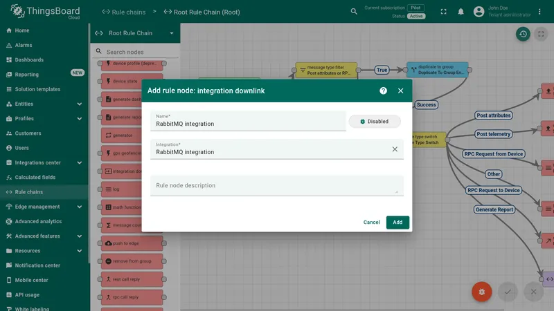 Add rule node dialog — Name: RabbitMQ Integration, Integration: RabbitMQ integration selected