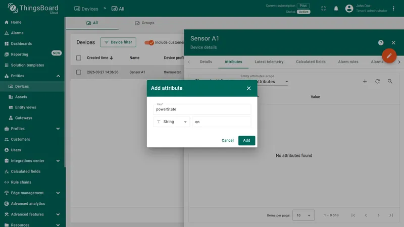 Device Sensor A1 Attributes tab — Add attribute dialog with key powerState, type String, value on