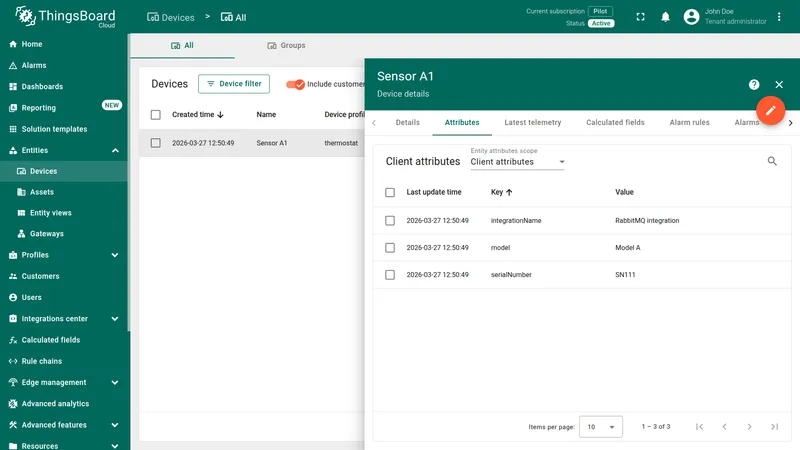 Device Sensor A1 Attributes tab — Client attributes: integrationName = RabbitMQ integration, model = Model A, serialNumber = SN111