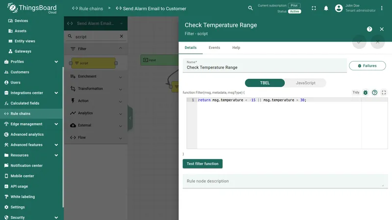 Check Temperature Range filter script node configuration