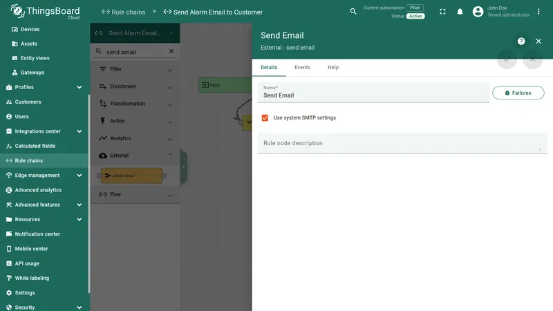 Send Email node configuration with Use system SMTP settings enabled
