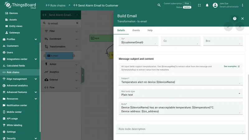 Build Email To Email node showing subject and body templates