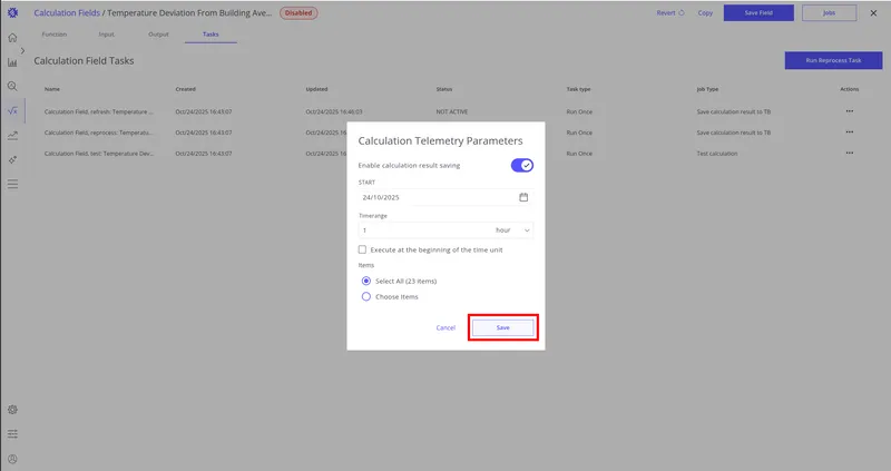 Save button for the refresh task configuration