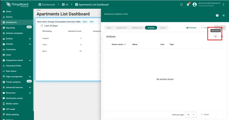 Actions tab — empty, Add action button highlighted