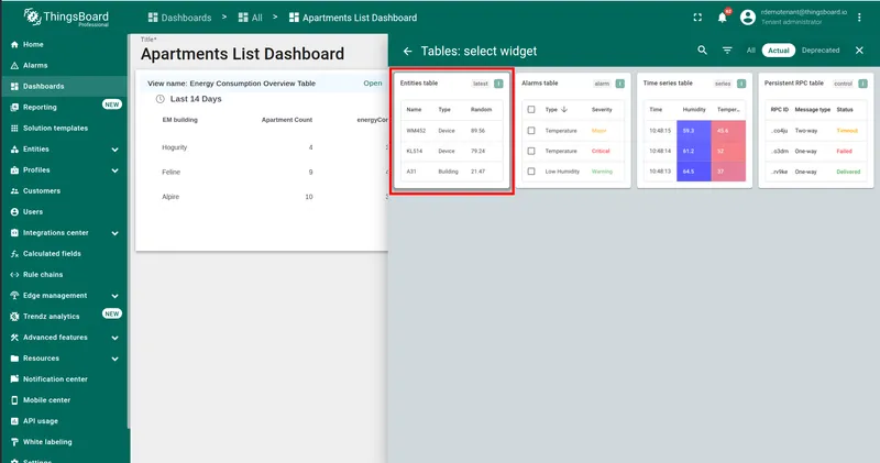Tables bundle — Entities table highlighted