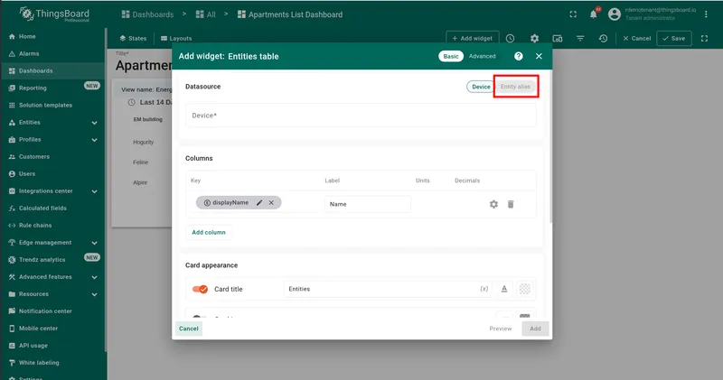 Add widget dialog — Entity alias tab highlighted