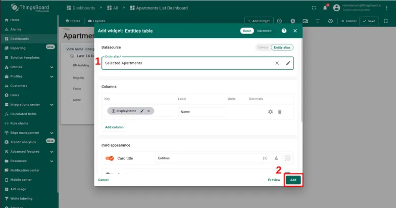 Entity alias tab — Selected Entities selected, Add button highlighted
