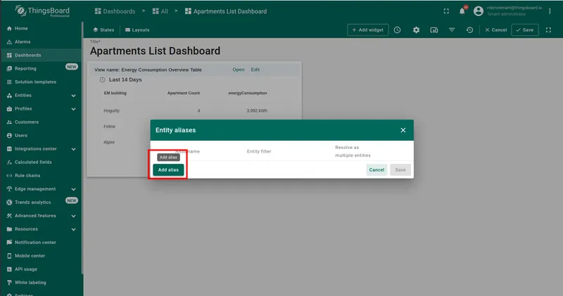 Entity aliases dialog — empty, Add alias button highlighted