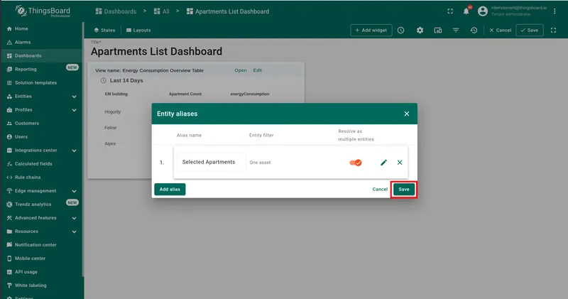 Entity aliases dialog showing Selected Entities alias with Resolve as multiple entities enabled, Save button highlighted