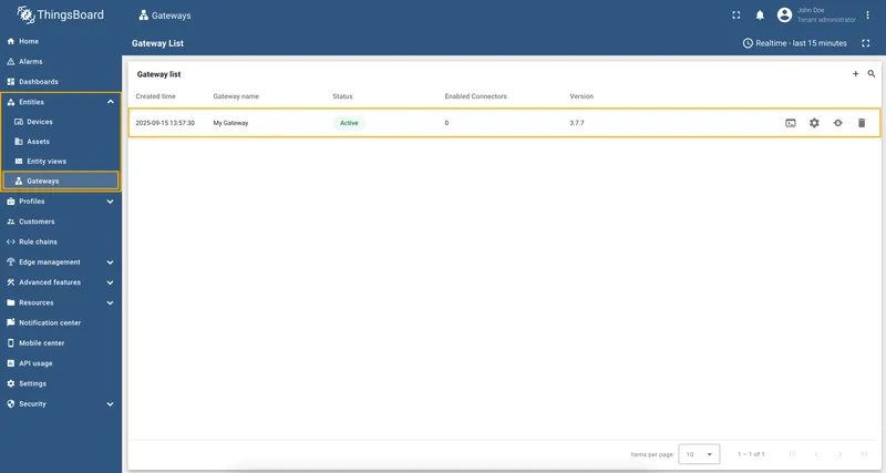 Gateway list with the target gateway selected