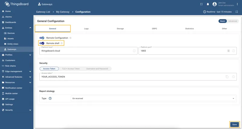 General configuration tab with Remote shell toggle enabled
