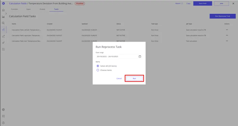 Run button for the reprocess task