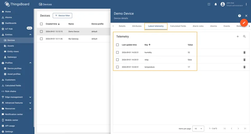 View real-time telemetry on the Latest Telemetry tab