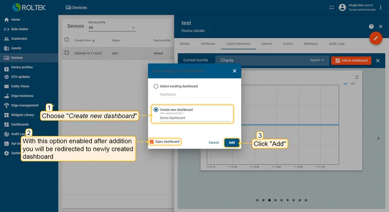 Create new dashboard dialog with Open dashboard checkbox