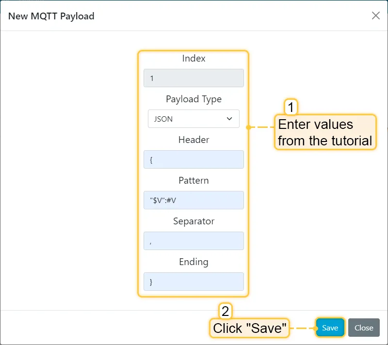 Add MQTT Payload window with JSON payload configuration fields