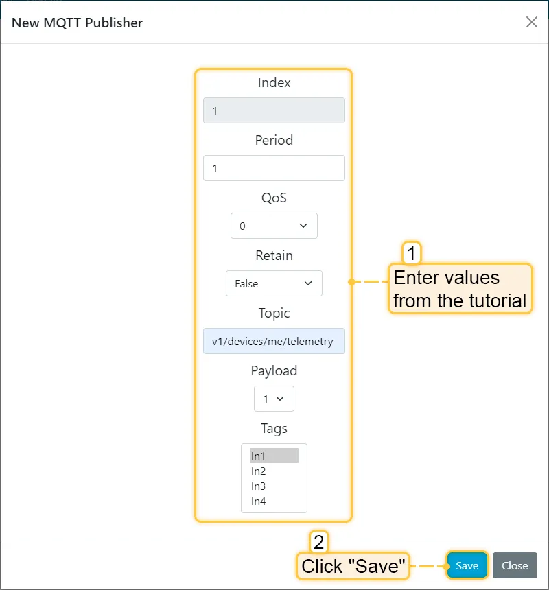 Add MQTT Publisher window with topic, payload, and tag selection