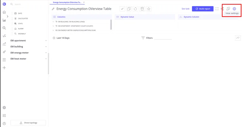 Trendz view editor with View Settings button highlighted