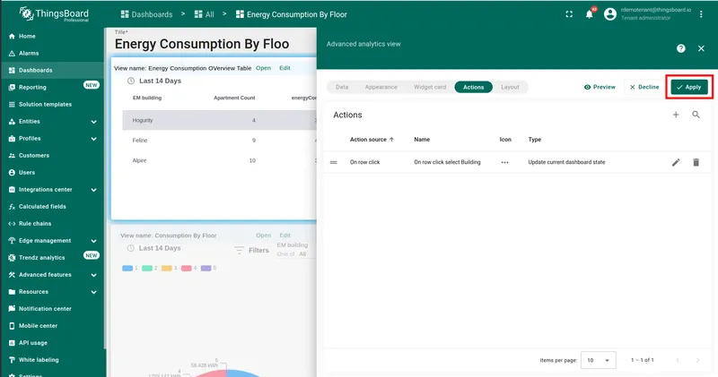 Actions tab showing the On row click action listed, Apply button highlighted