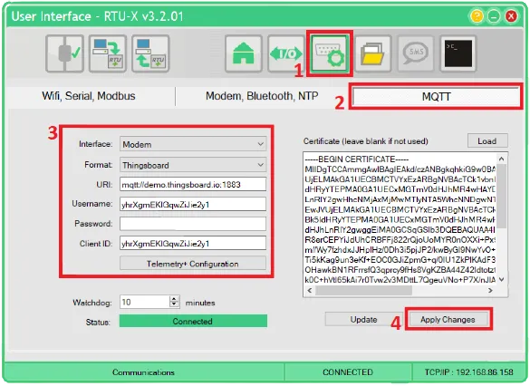 RTU-X MQTT configuration with ThingsBoard URI and access token