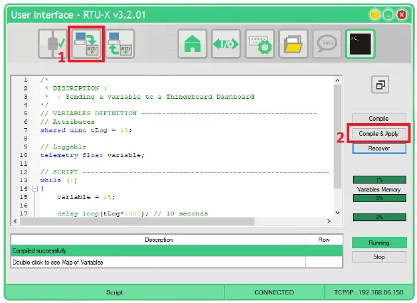 RTU-X script editor with script compiled and applied