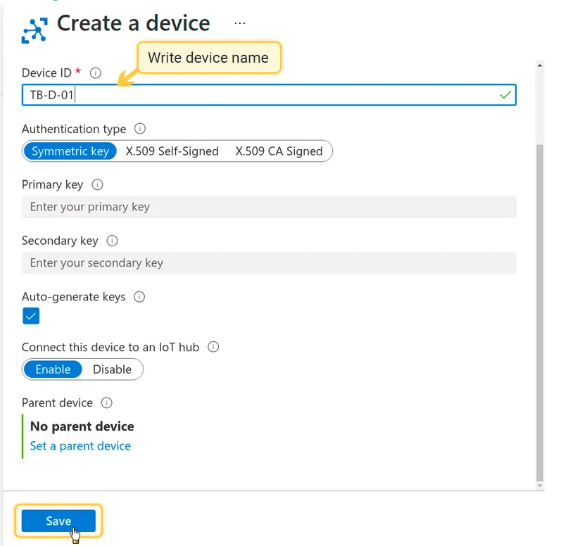 Create a device form with Device ID set to TB-D-01, Auto-generate keys checked, and Save button highlighted