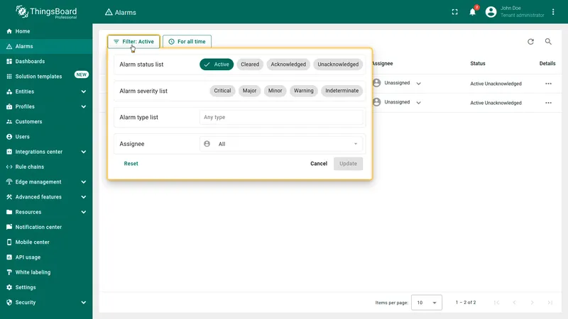 Alarm filters configuration