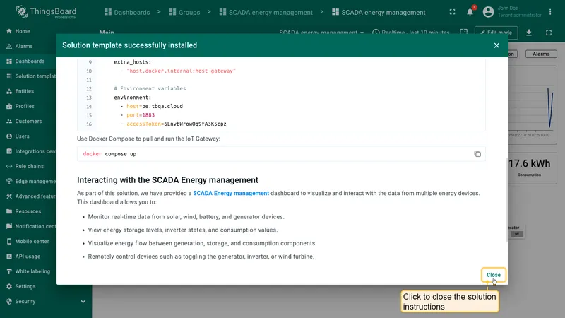 Click Close to proceed to the dashboard