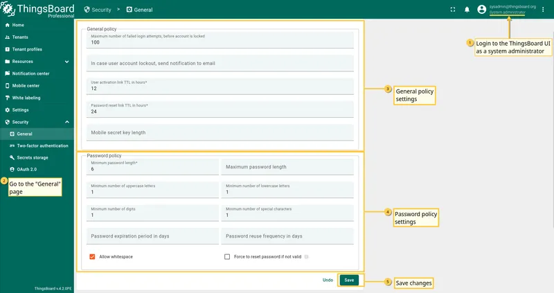General policy and password policy settings