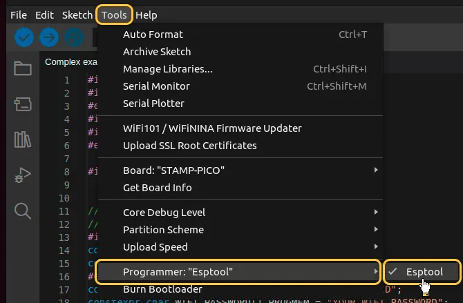 Go to "**Tools**" > "**Programmer**" and select "**Esptool**" as a programmer.