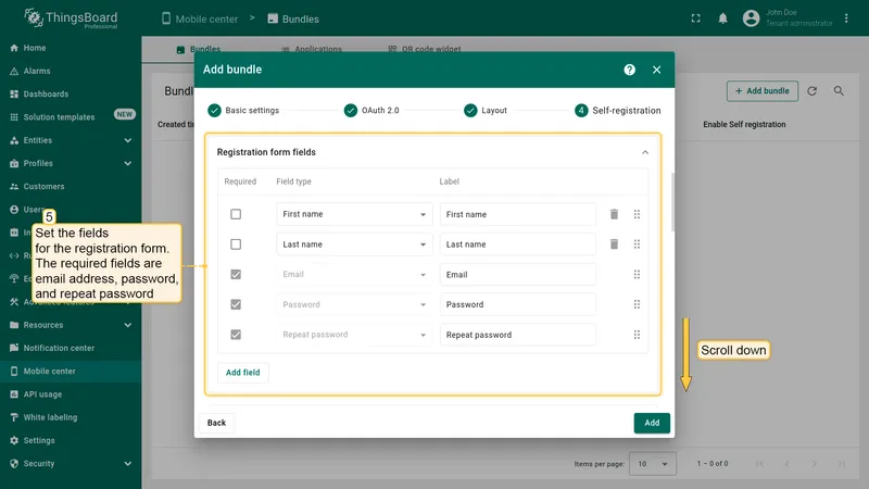 Registration form fields table with Required toggle, Field type, and Label columns