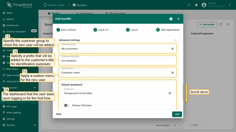 Advanced settings showing customer group, title prefix, custom menu, and default dashboard fields