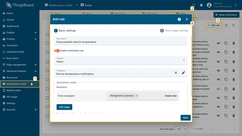 Add rule dialog — Basic settings step with Rule name set to Unacceptable device temperature, Trigger to Alarm, Template to Device temperature notification, and Refrigeration operators added as First recipient