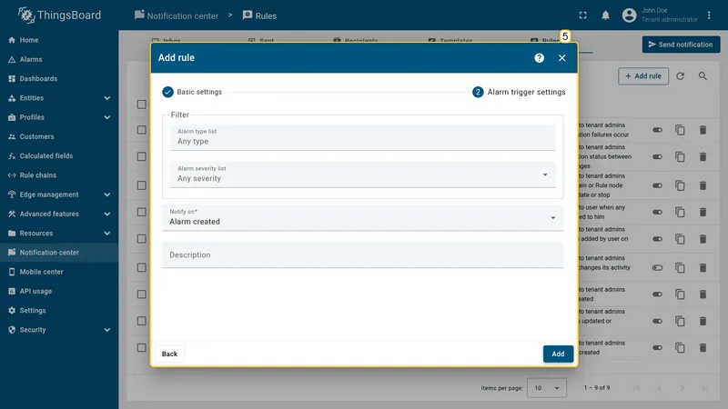 Add rule dialog — Alarm trigger settings step with Alarm type list set to Any type, Alarm severity list to Any severity, and Notify on set to Alarm created