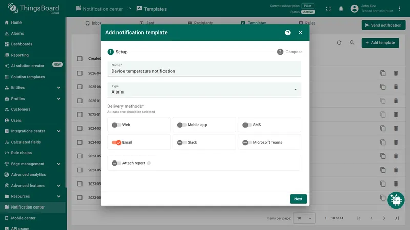 Add notification template dialog — Setup step with Name set to Device temperature notification, Type to Alarm, and Email delivery method toggled on