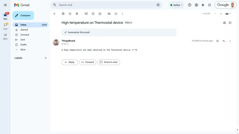 Gmail email opened showing subject "High temperature on Thermostat device" and body "A High temperature has been detected on the Thermostat device: 7 °C."