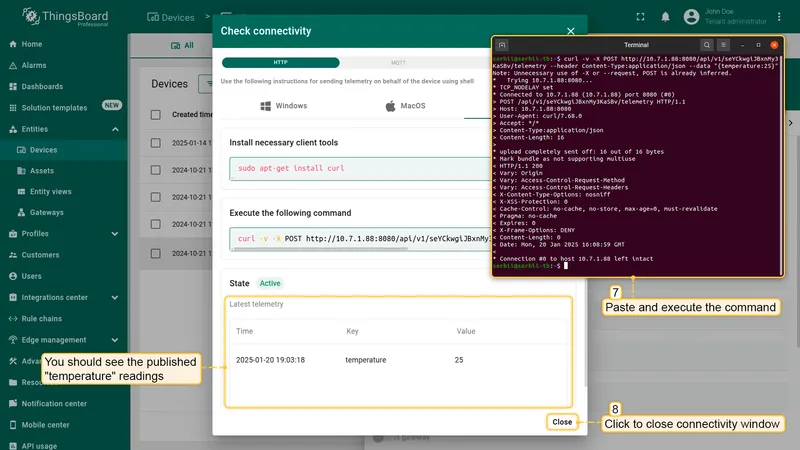 Terminal executing curl command and telemetry appearing