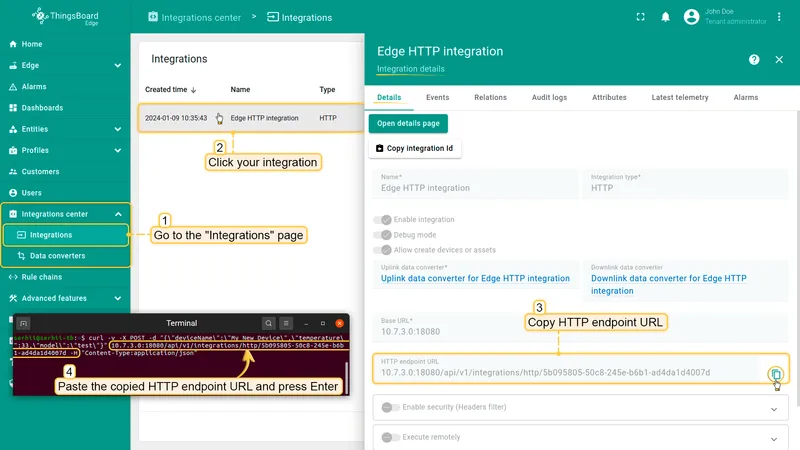 HTTP integration Events tab showing the endpoint URL