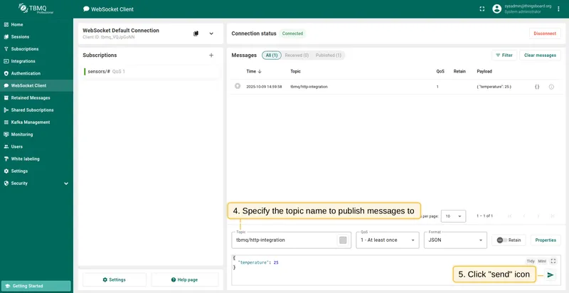 Set topic to tbmq/http-integration and click Send