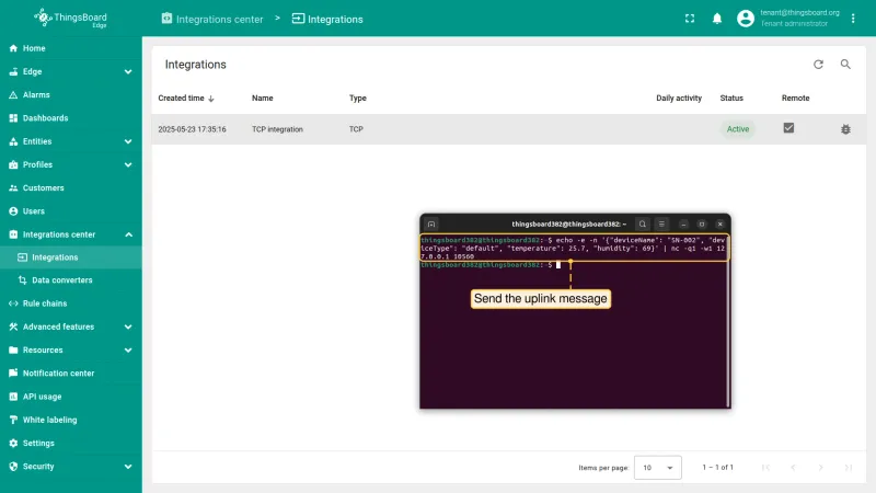 Integration Events tab showing uplink message with status OK