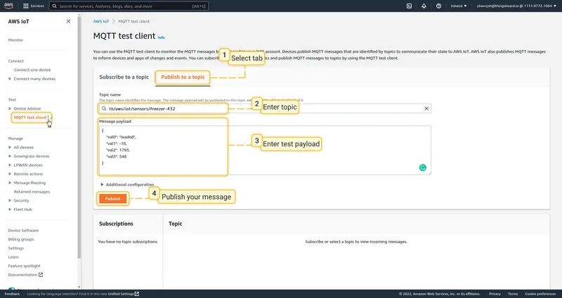 AWS MQTT test client — Publish to a topic tab with topic and payload entered