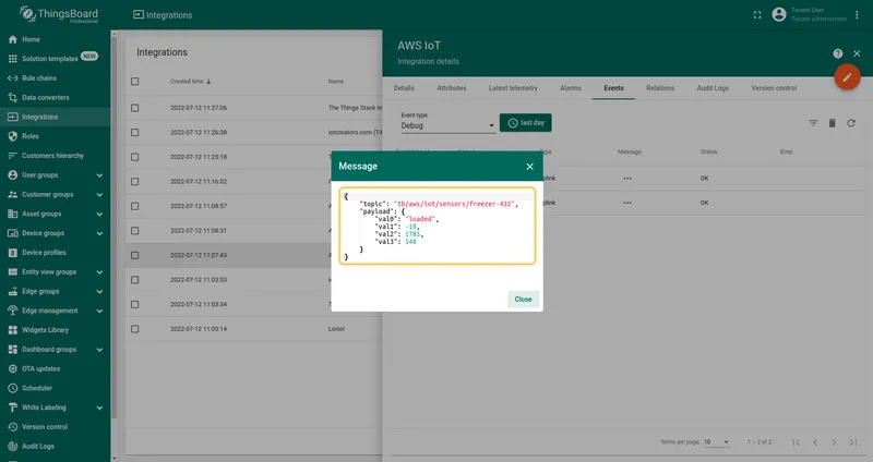 ThingsBoard — Message popup showing topic tb/aws/iot/sensors/freezer-432 and payload with val0–val3