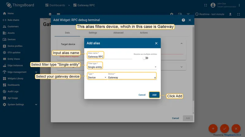 Entity creation form with gateway device selected